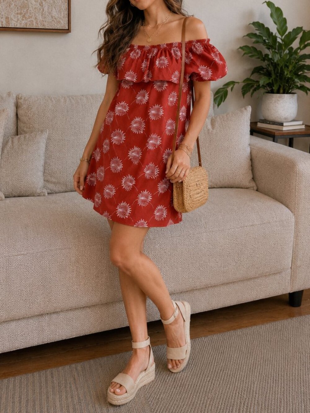 Madewell Red Silk Palm Print Off Shoulder Ruffle Mini Dress XS F3540 Resort Boho